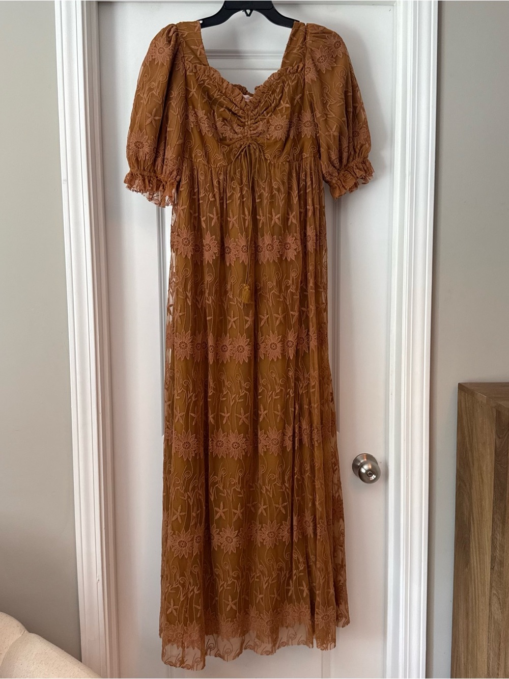 Ivy City Co. Brown Floral Dress with Puff Sleeves